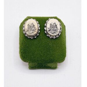 Vintage Scrimshaw-Style Resin Earrings Lighthouse & Ship Scene Silver Tone